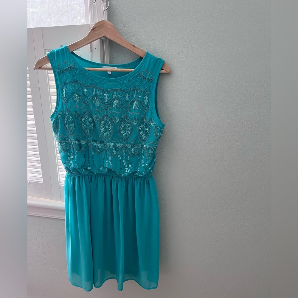 Teal beaded dress from Francesca’s